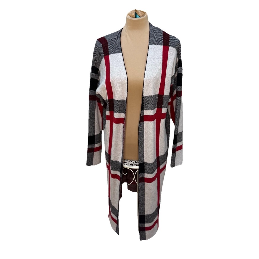 Joseph A Plus Womens 1X Red‎ Cream Plaid Cardigan Open Front Preppy Layering